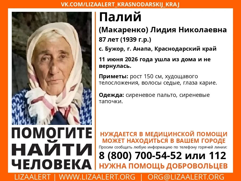 В Анапе объявили в розыск 87-летнюю местную жительницу

Волонтёры поисково-спасательного отряда «Лиз