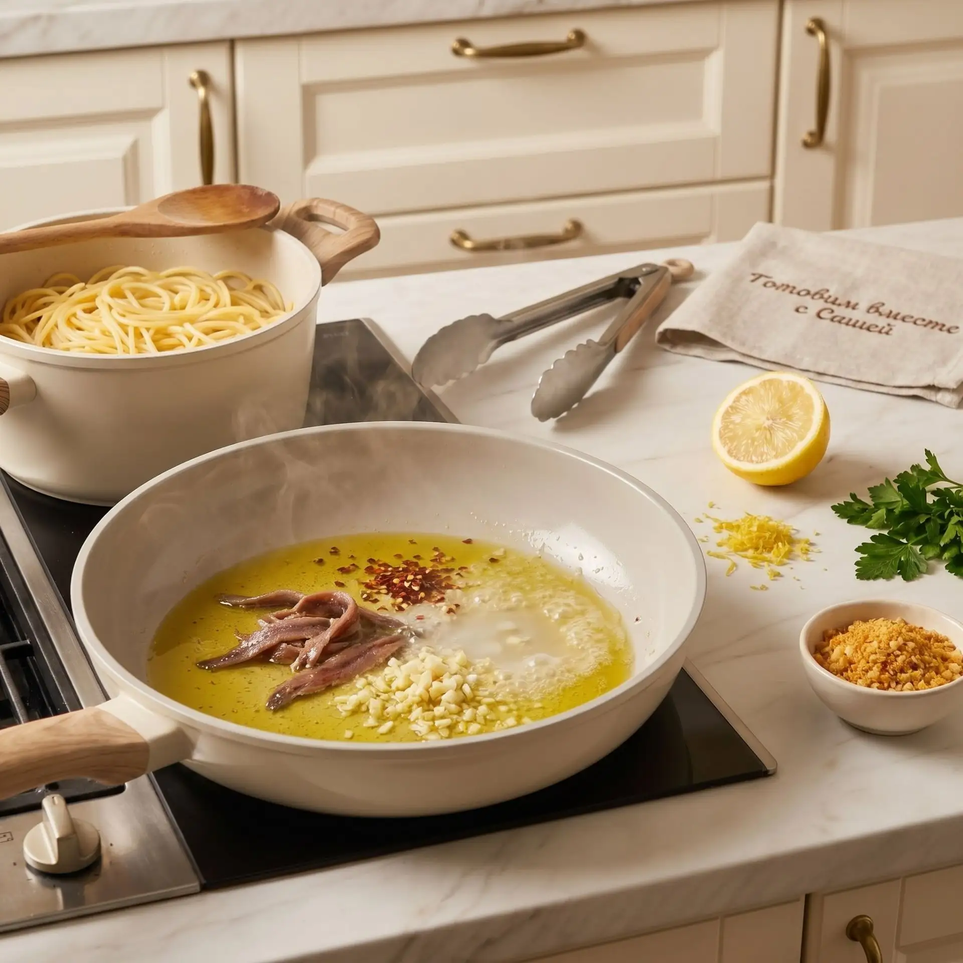 Паста «АНЧОУСОВАЯ МАГИЯ» 🐟🍝

Анчоусы — это как чёрный пояс по кулинарии. Многие обходят их стороно