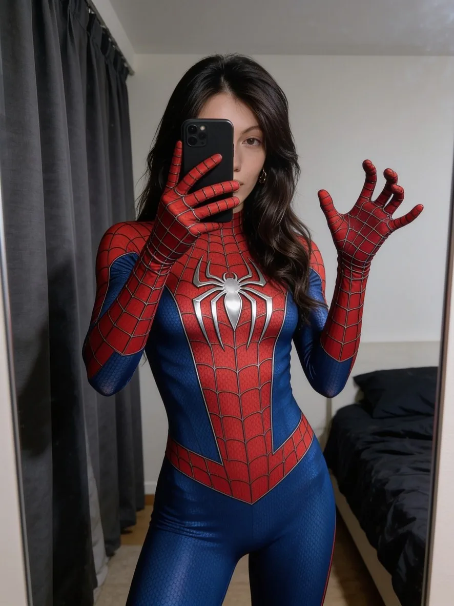 Фото в костюме Человека-паука 🕷️
Селфи в зеркале в облегающем супергеройском костюме

📸 Как исполь