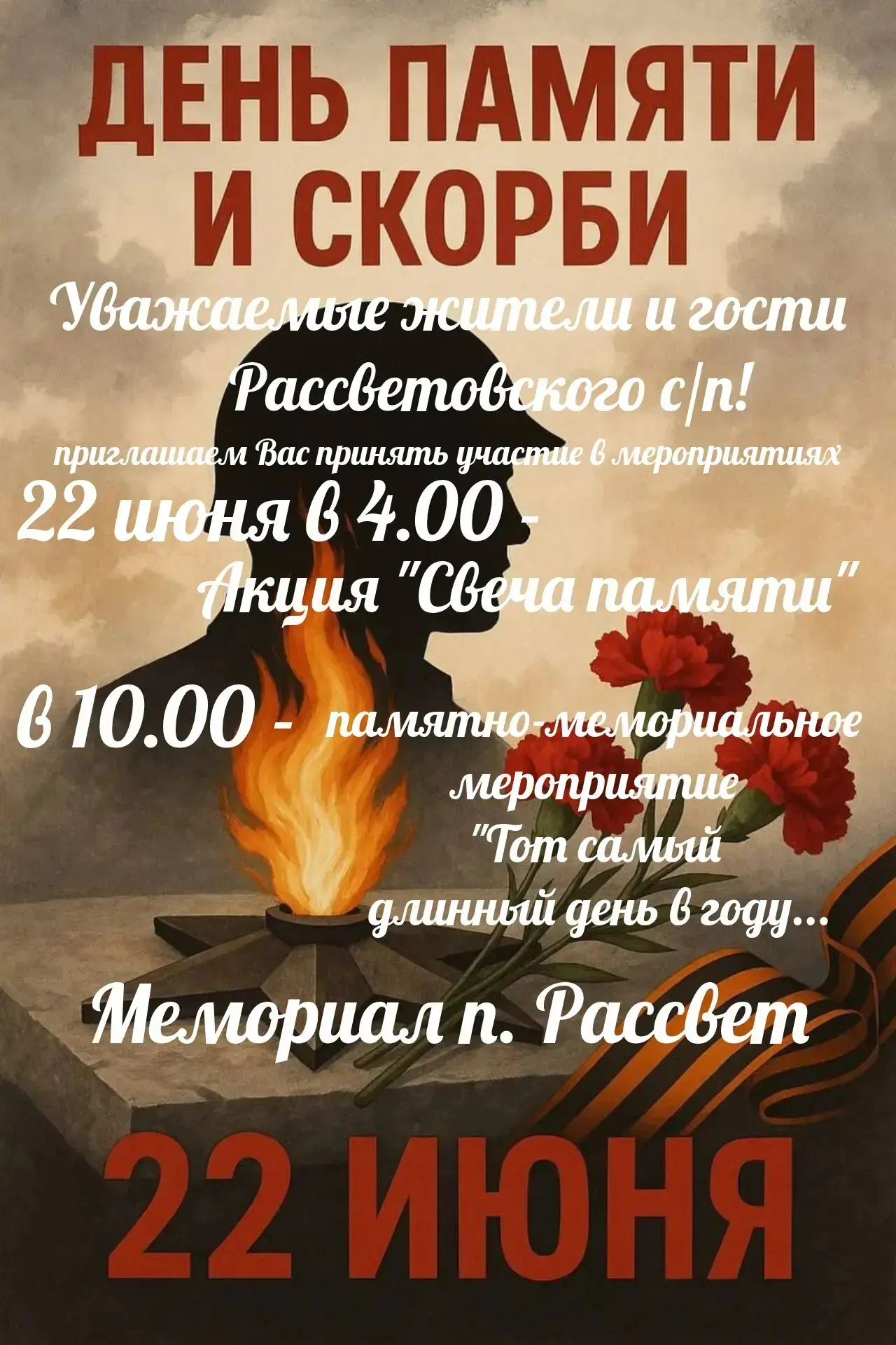 22 июня — День памяти и скорби.

Приглашаем всех жителей и гостей поселка Рассвет почтить память гер