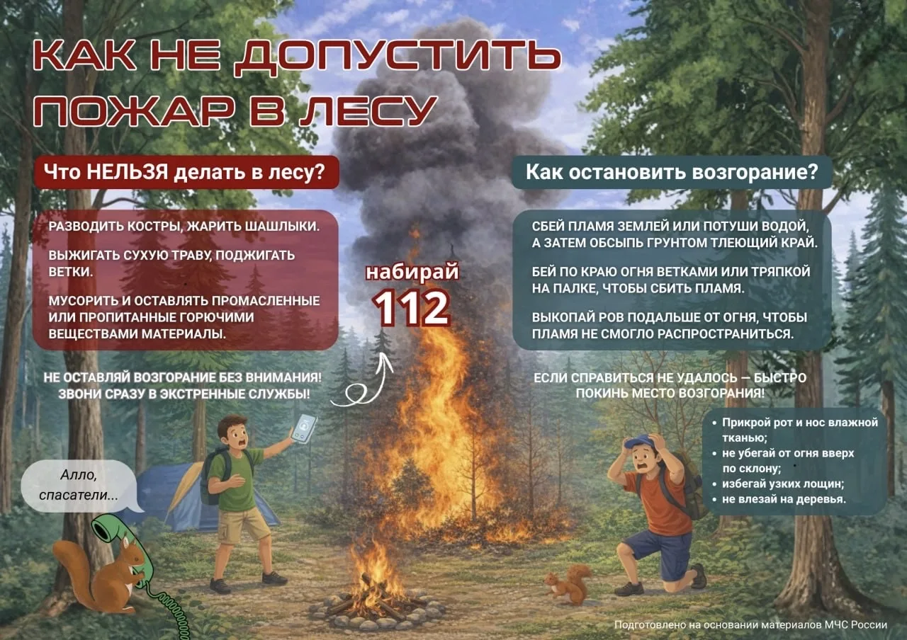 🔥🌲 Будь осторожен — лесной пожар начинается очень быстро!  Одна брошенная спичка или непотушенный ко
