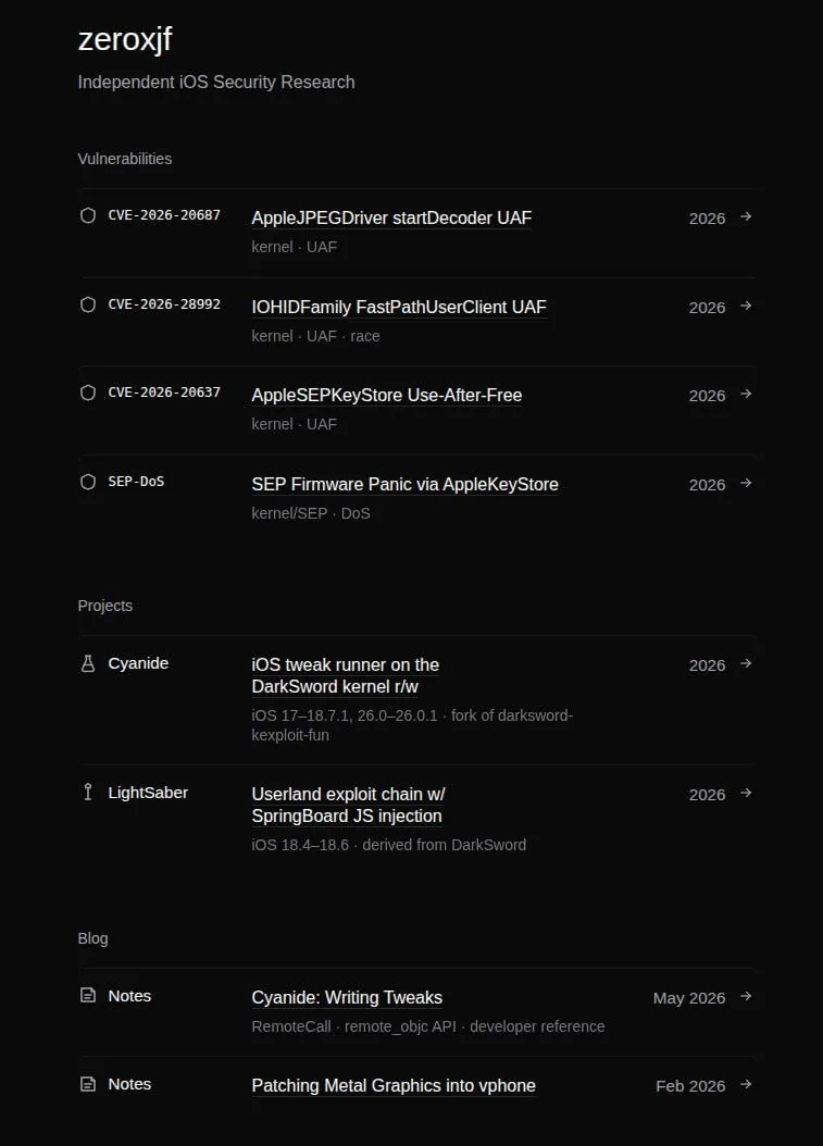 zeroxjf — небольшой, но плотный блог про iOS security research: ядро, SEP, IOKit, jailbreak/tweak-ин