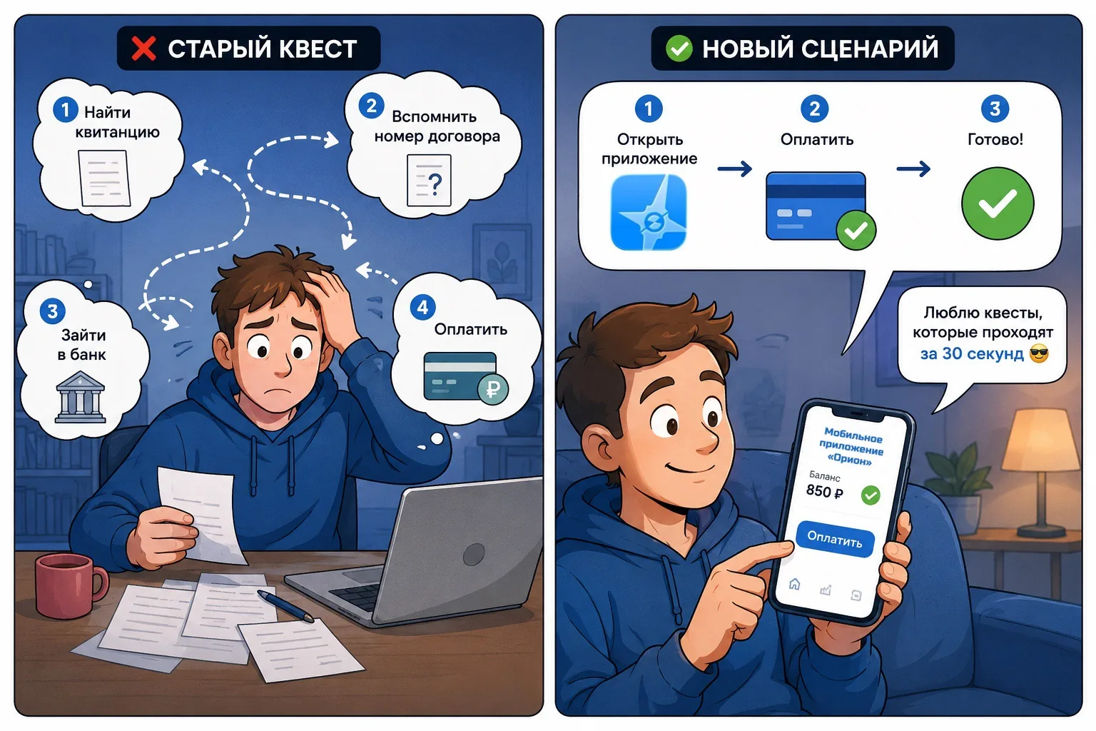 Квесты хороши в играх. С оплатой интернета всё должно быть проще 😉

Откройте приложение «Орион» и р