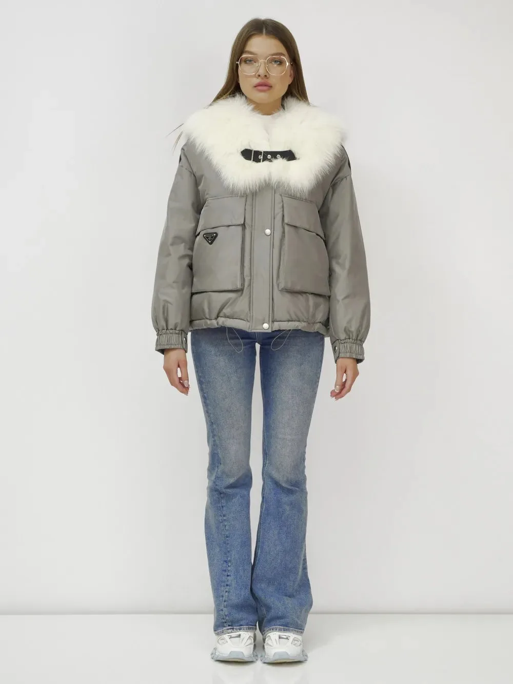 🛍️ Куртка бомбер ангел с мехом песец премиум класса серого цвета 390_1Sr