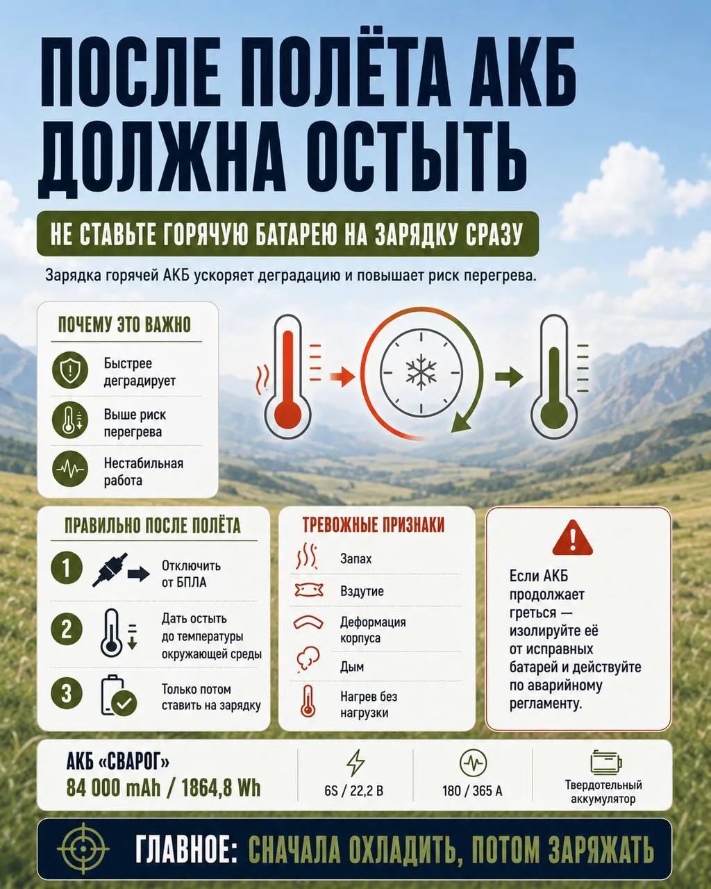 🌡 АКБ после интенсивного полёта должна сначала остыть