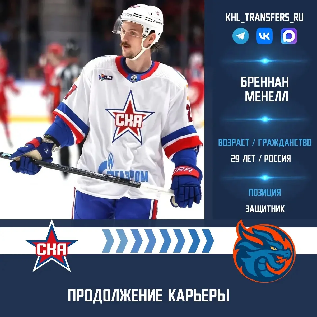 ⚡️Защитник Бреннан Менелл покинет СКА.

Игрок может продолжить карьеру в «Шанхай Дрэгонс».