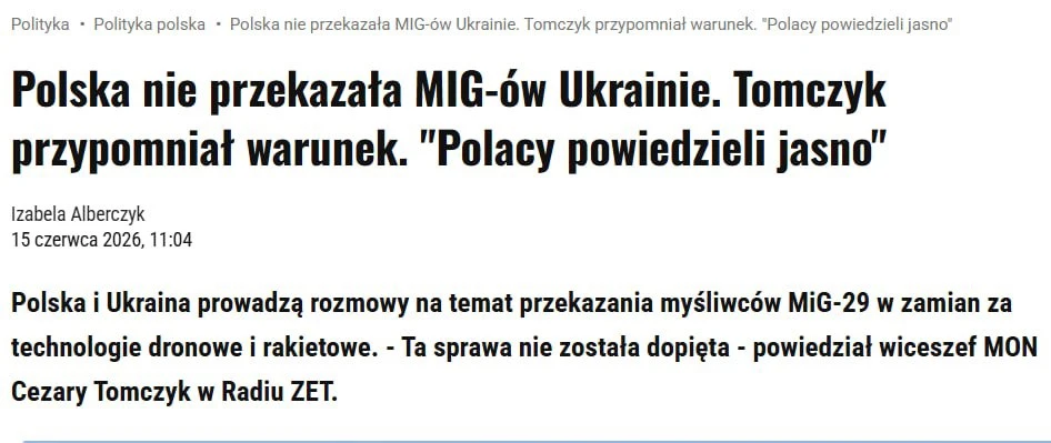 Польша не будет передавать Украине истребители МиГ-29, пока Киев не поделится с Варшавой технологиям