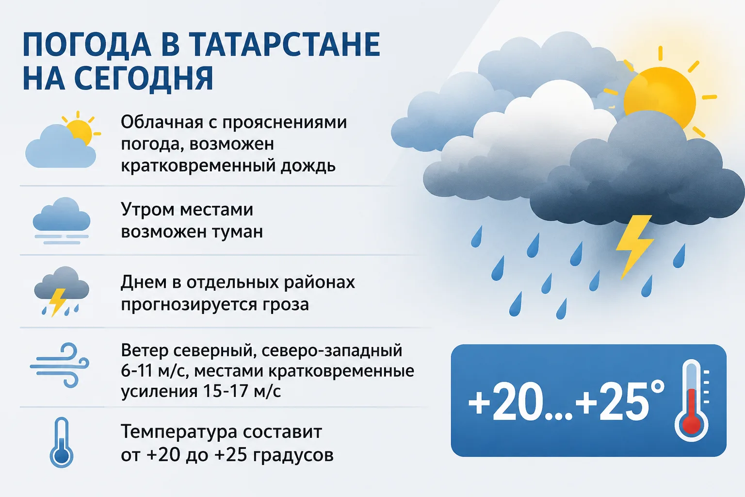 🌦 Татарстан накроет облаками, дождём и местами грозой
