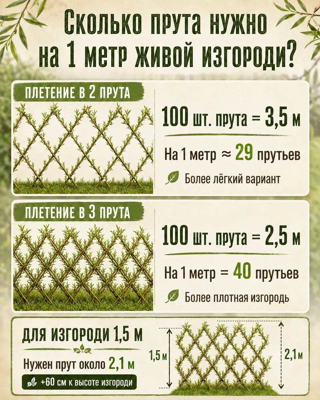 🌿 Сколько прутьев ивы нужно на 1 метр живой изгороди? Сохраните себе, чтобы не потерять!
