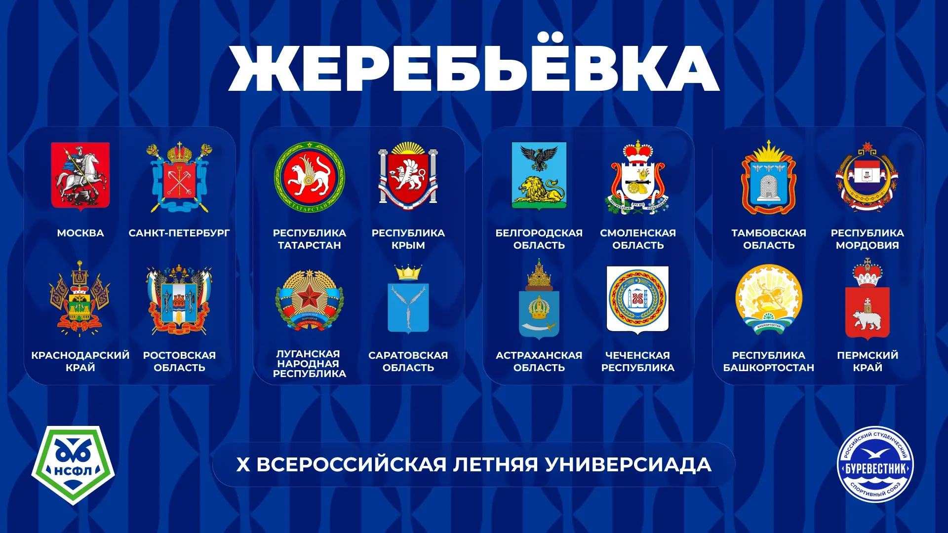 ЖЕРЕБЬЁВКА ГРУППОВОГО ЭТАПА УНИВЕРСИАДЫ

16 сборных команд регионов РФ из 4 корзин будут распределен