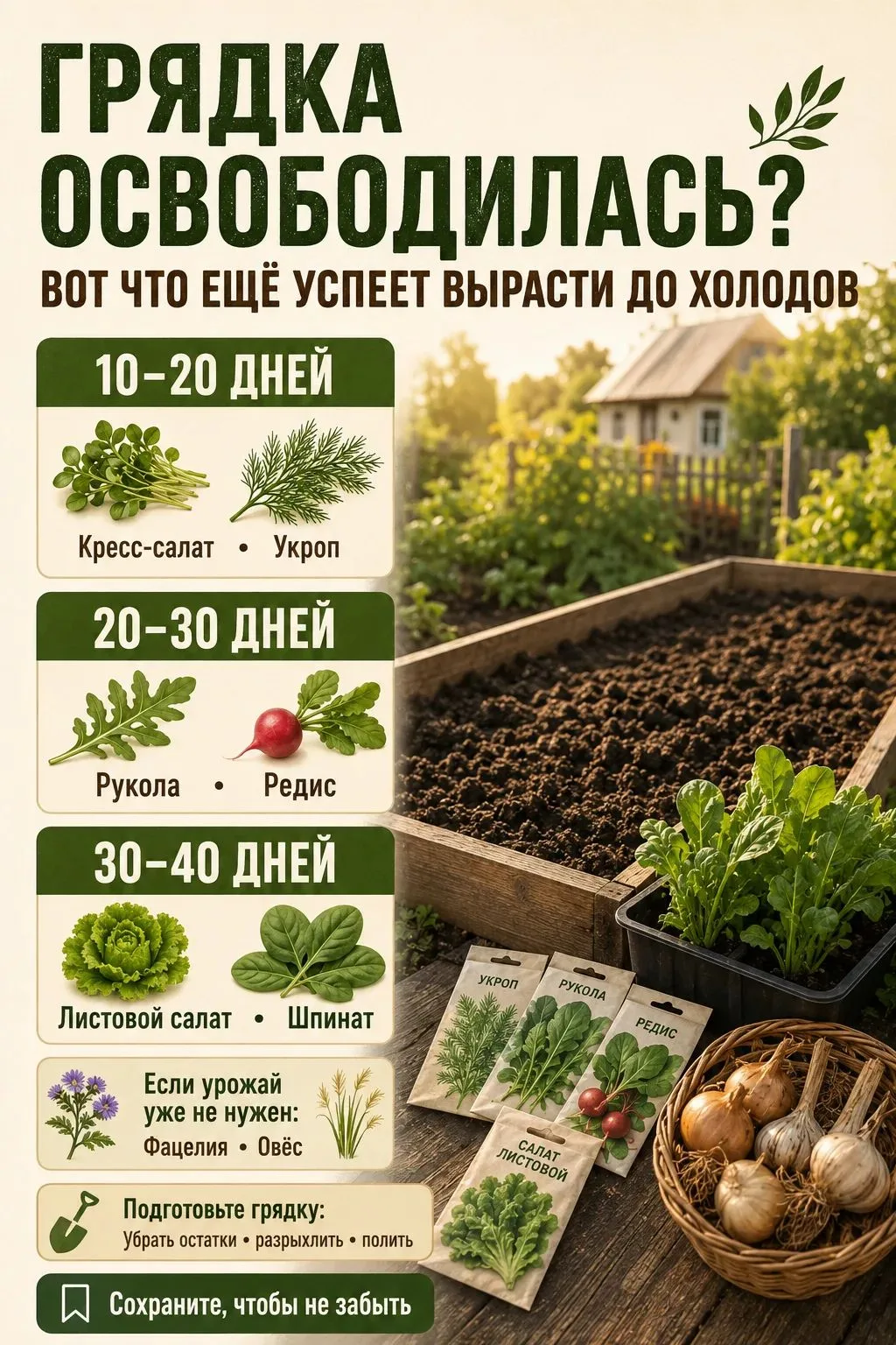 ГРЯДКА ОСВОБОДИЛАСЬ? ЧТО ПОСЕЯТЬ ДО ХОЛОДОВ 🌱После лука, чеснока и раннего картофеля г...