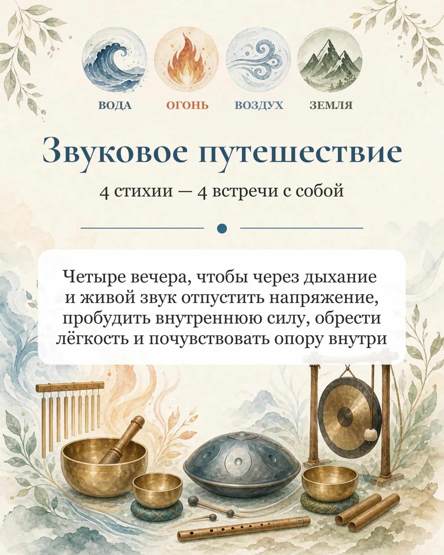 Внимание! Приглашаем на звукотерапии по 4 стихиям