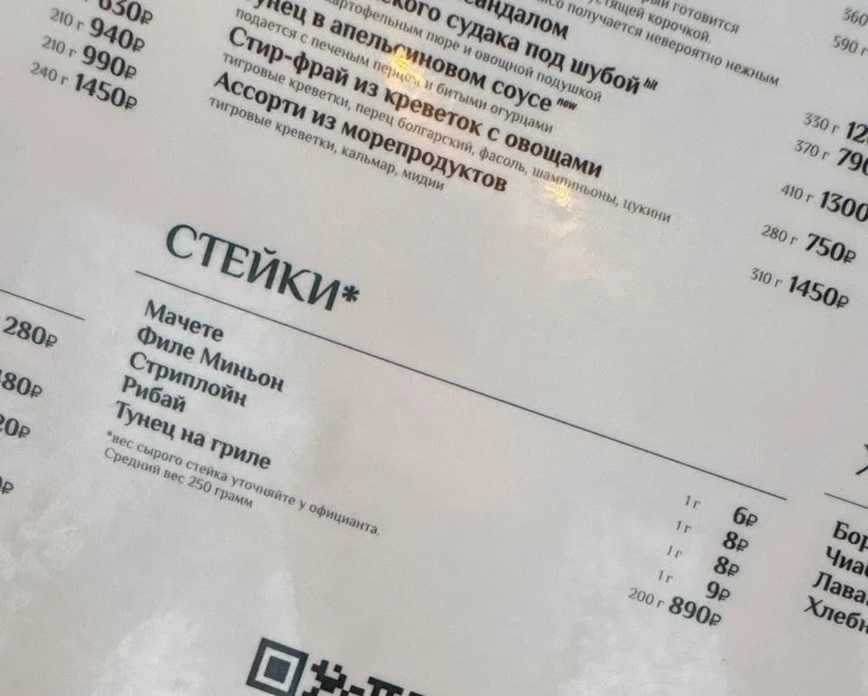 Цену за 1 грамм стейка начали указывать рестораны в Москве. Теперь посетители могут сам...
