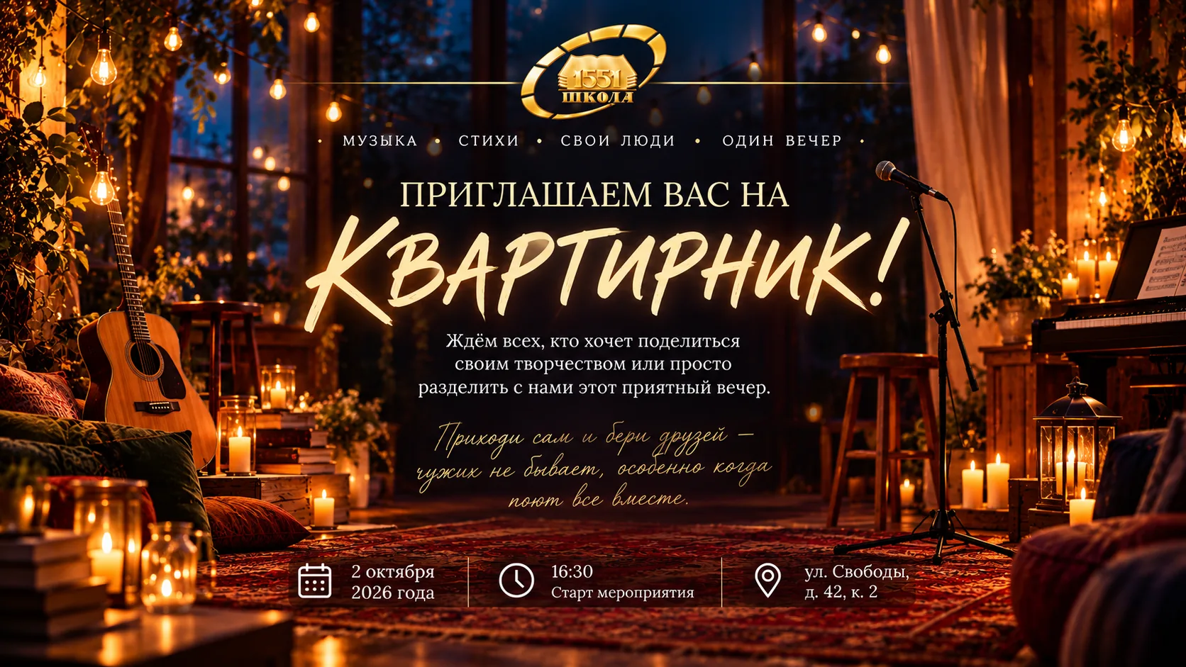 🎶 Приглашаем на первый школьный квартирник!