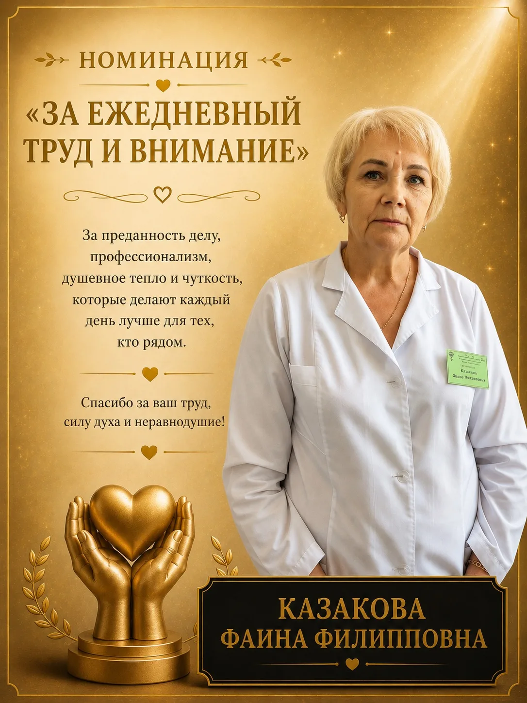 💐Номинация «За ежедневный труд и внимание»

Эта награда вручается буфетчице неврологического отделе