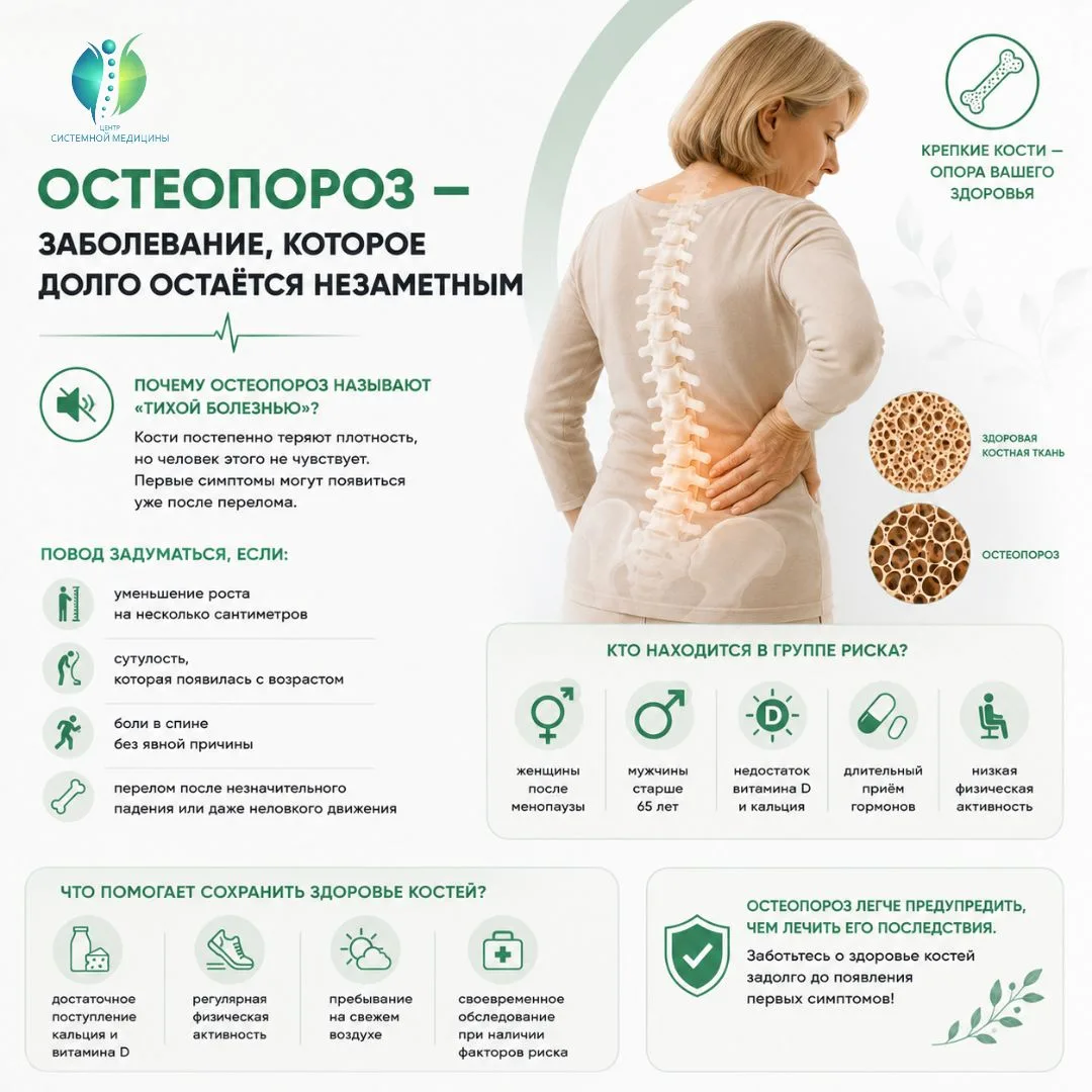 🦴 Остеопороз — заболевание, которое долго остаётся незаметным

Многие считают, что остеопороз — это