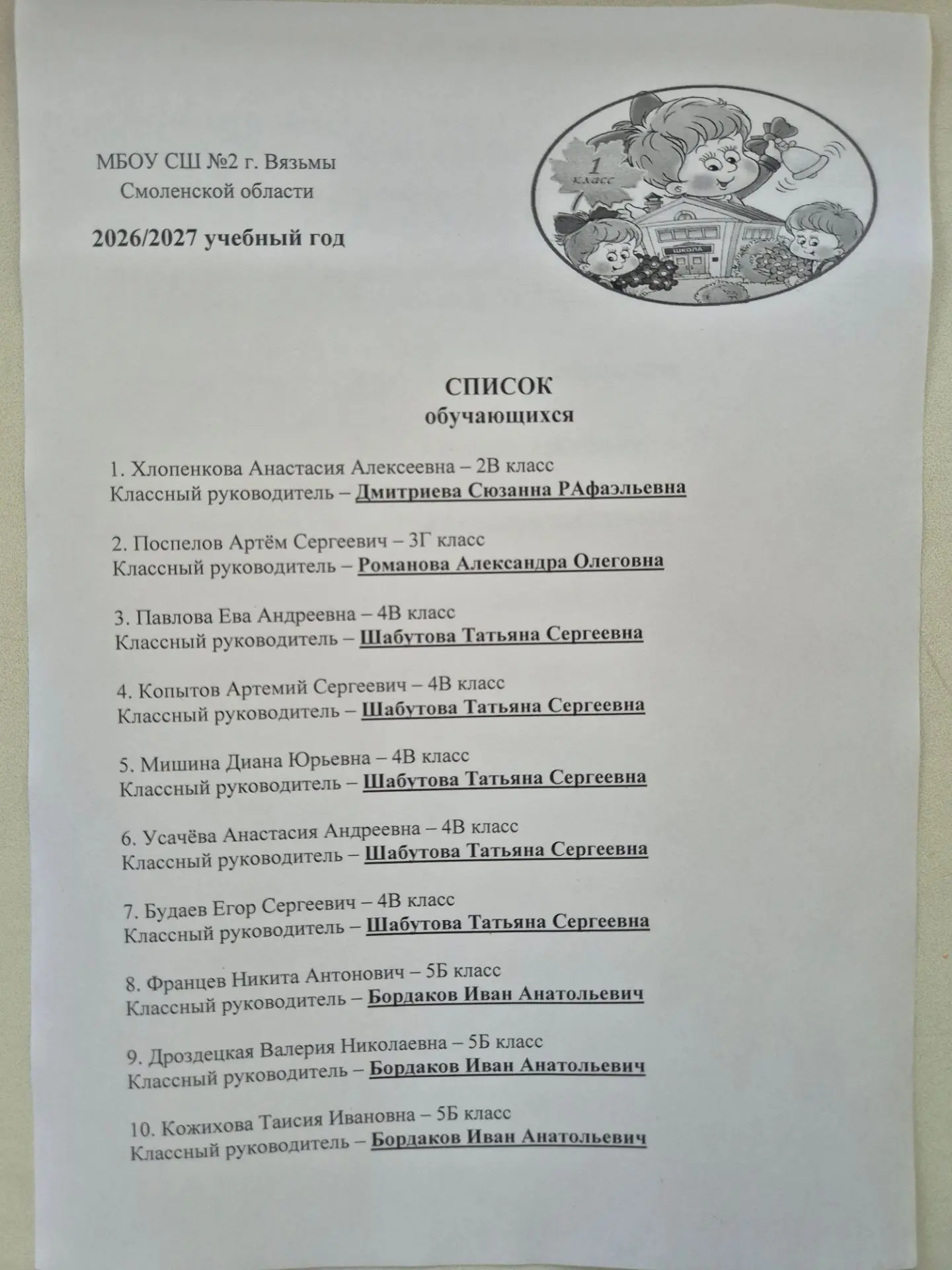 Списки учащихся, зачисленных в МБОУ СШ №2 на 2026/27 учебный год.