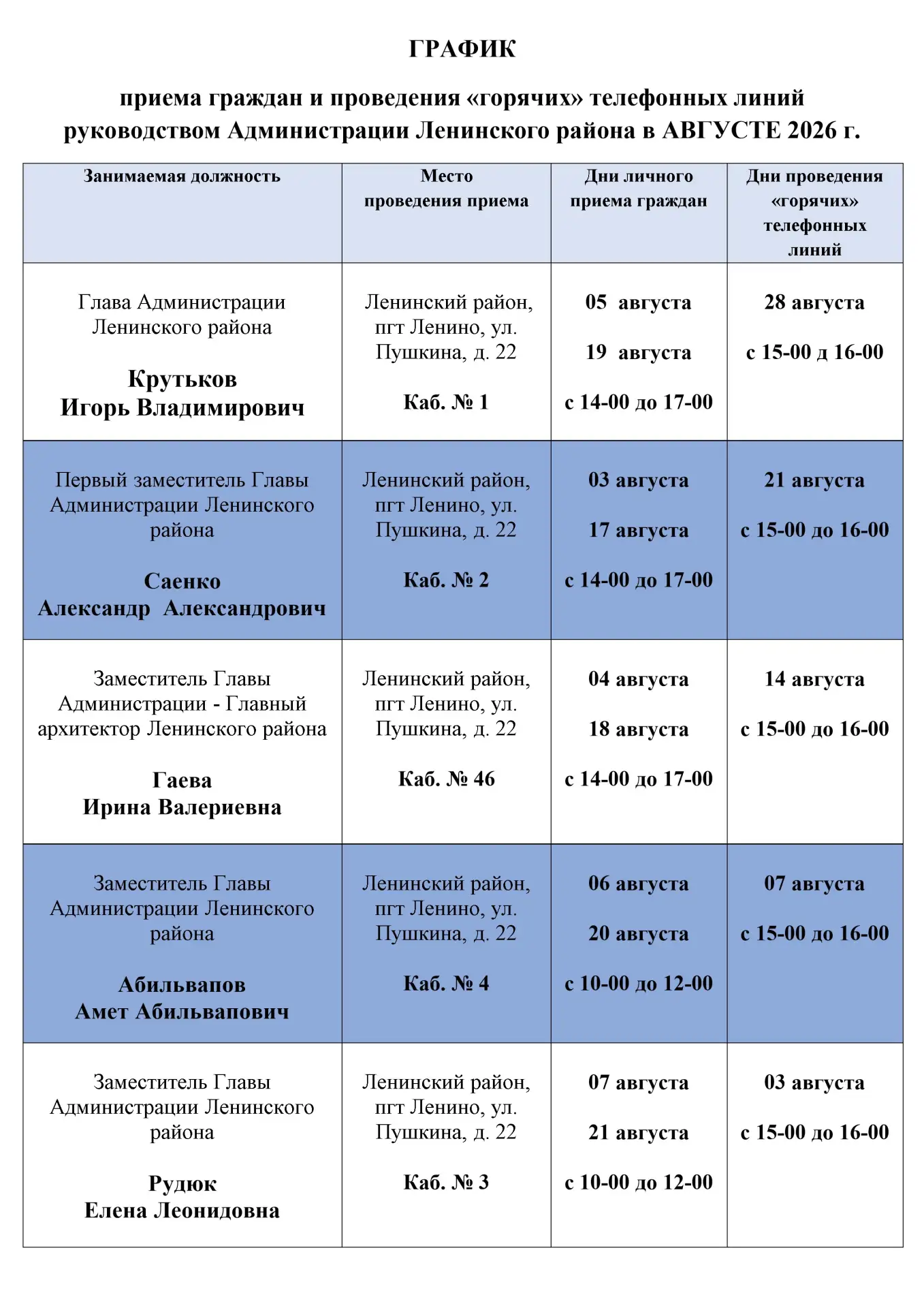 📌 График приёма граждан руководством Администрации Ленинского района в АВГУСТЕ 2026 г.
На период вр