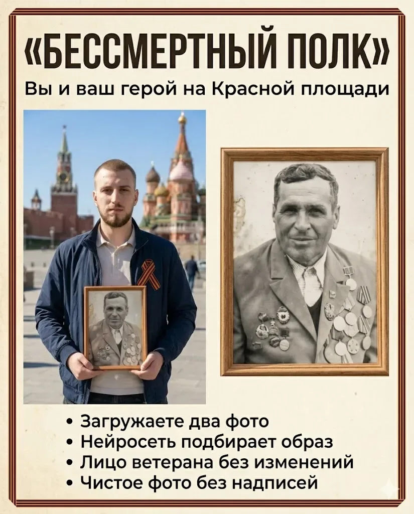 🕊️ БЕССМЕРТНЫЙ ПОЛК: ВЫ И ВАШ ГЕРОЙ НА КРАСНОЙ ПЛОЩАДИ  9 Мая — день, когда память говорит громче сл