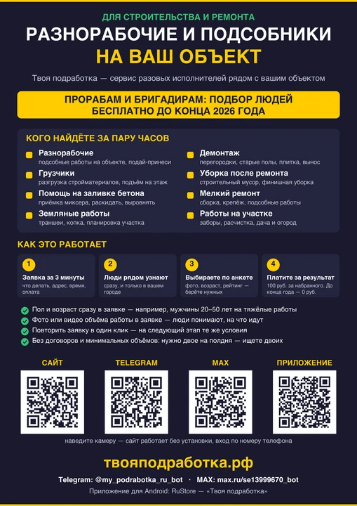 🏗 Нужны разнорабочие, грузчики или подсобники на объект? Заявка за 3 минуты, и её сраз...