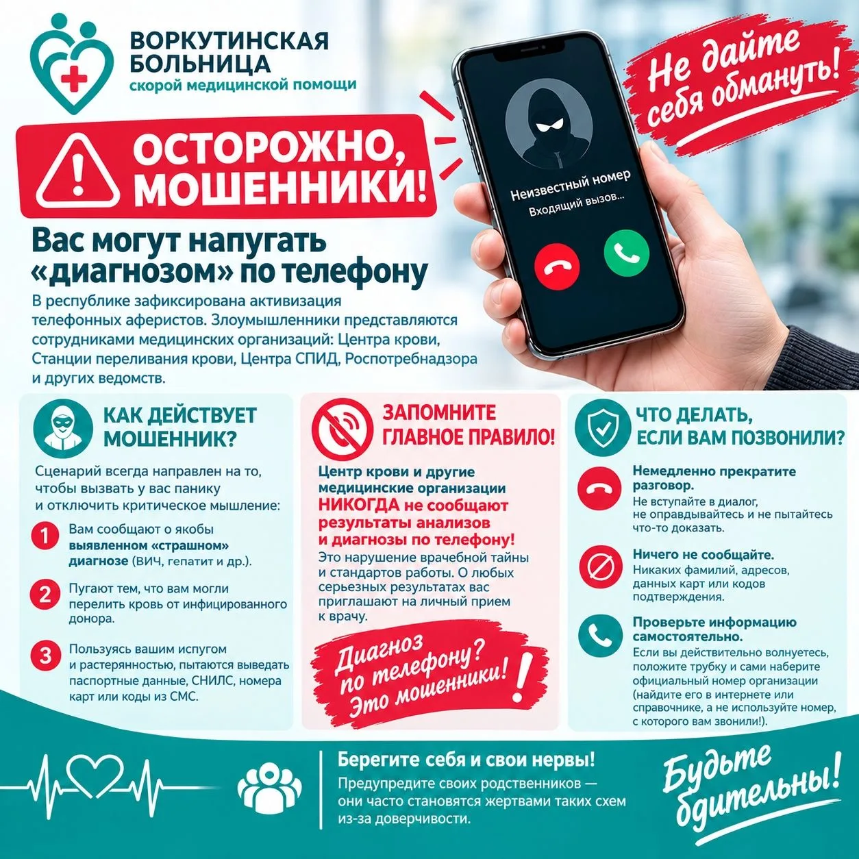 Воркутинская больница скорой медицинской помощи: будьте бдительны, звонят мошенники!