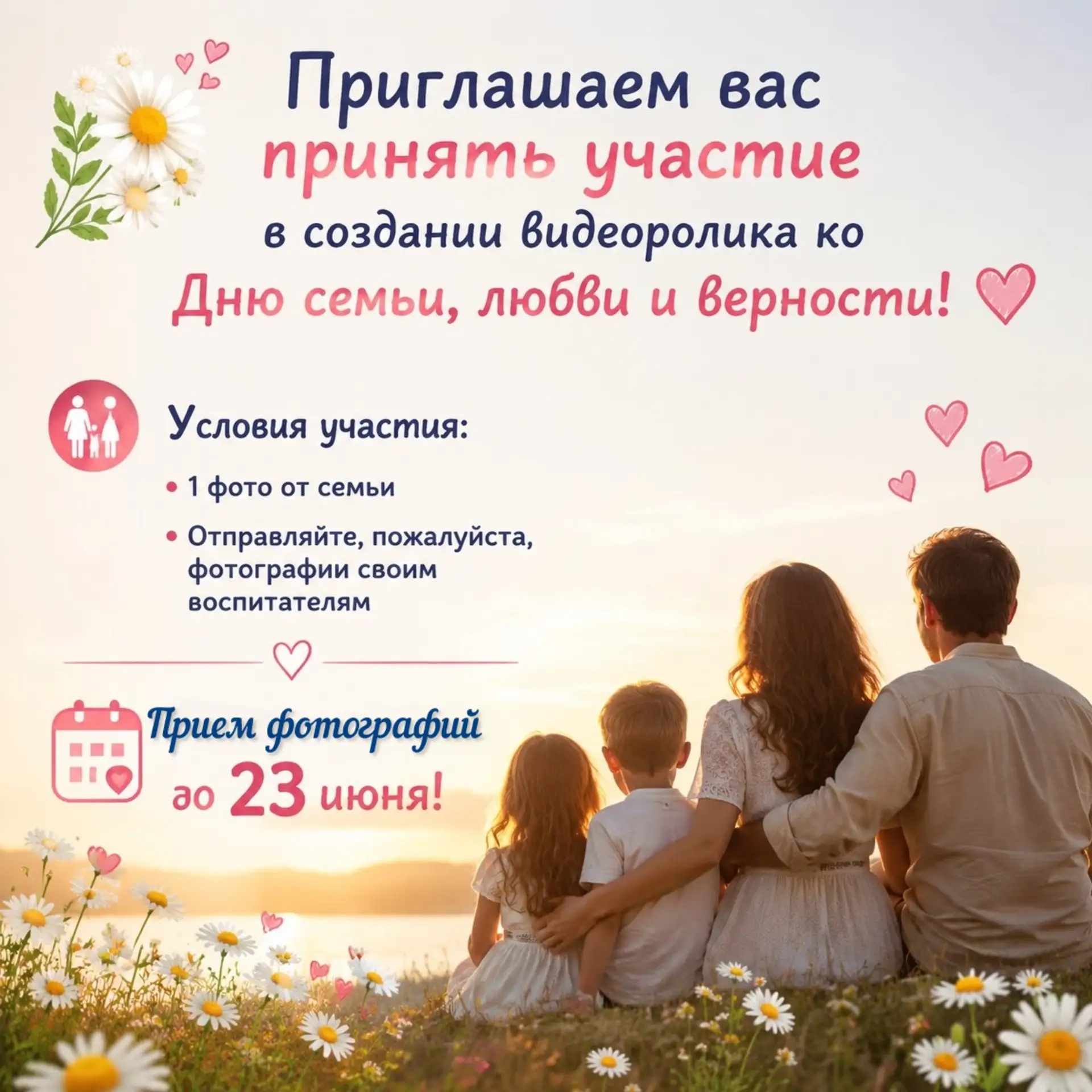 Приглашаем принять участие в создании видеоролика ко Дню семьи, любви и верности! 💖

Мы хотим увиде