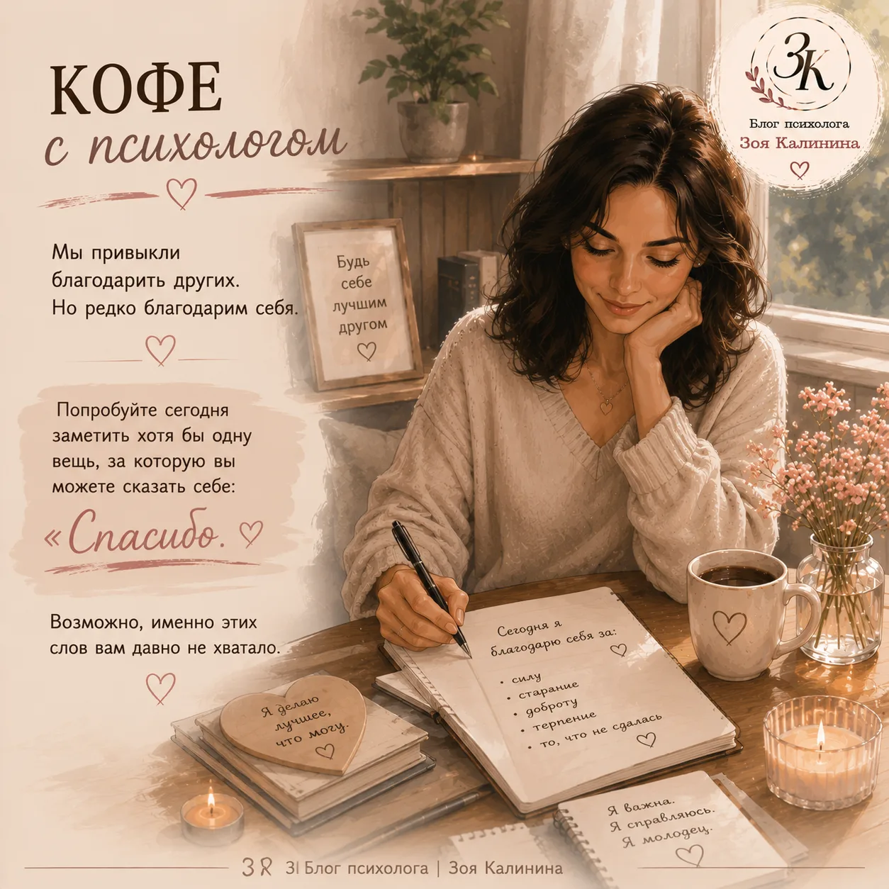 ☕ КОФЕ С ПСИХОЛОГОМ

Мы привыкли благодарить других.

Но редко благодарим себя.

Попробуйте сегодня 