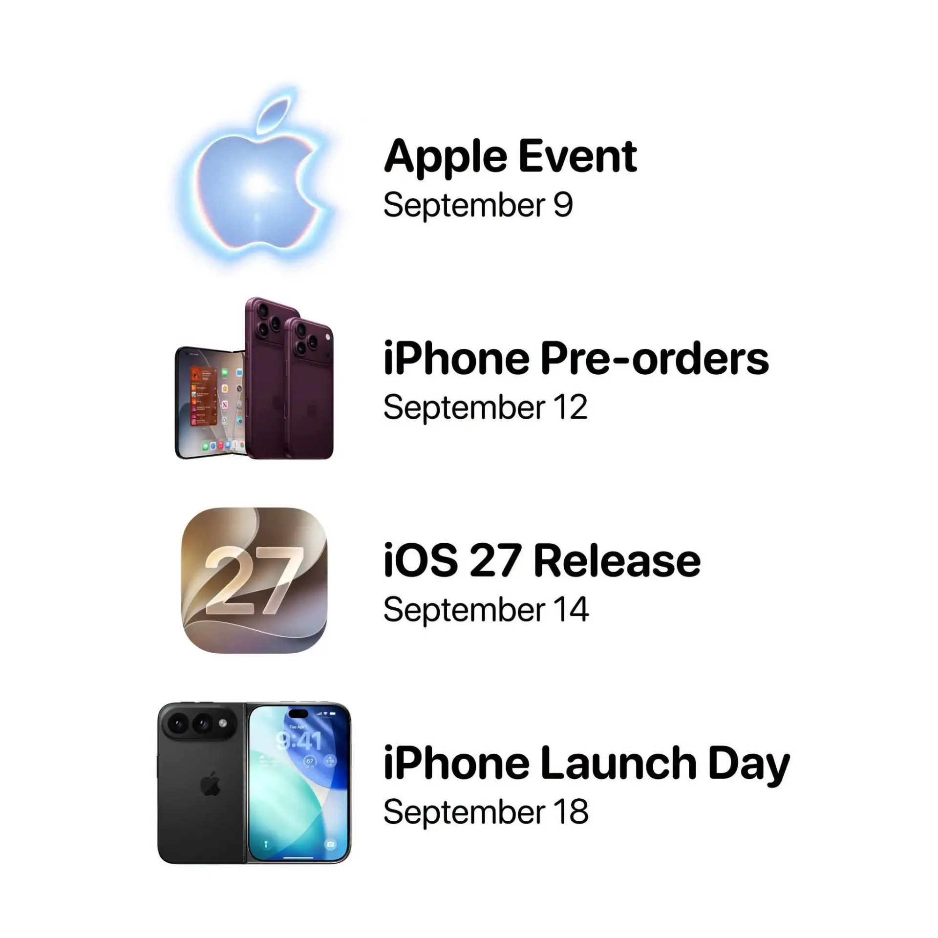 ⚡️Ближайшие важные даты запуска iPhone 18 Pro и iOS 27 на основе слухов.