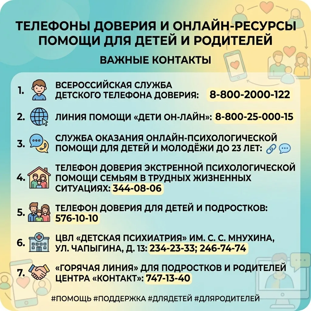 🆘 Важная информация для родителей и подростков — сохраните эти контакты.

Мы собрали для вас телефо