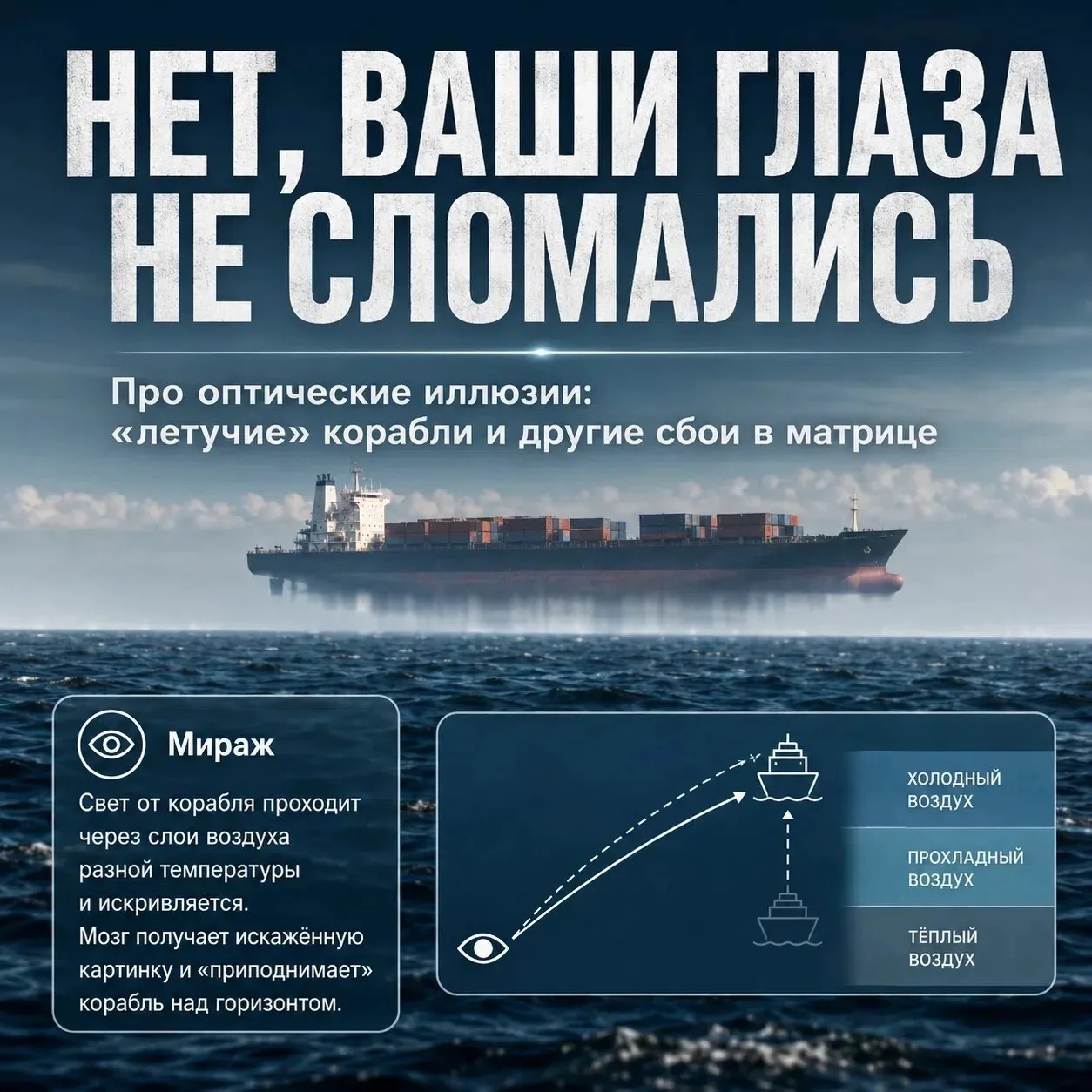 🌞  Мираж — обман зрения или настоящее природное явление?

Почему в жару на дороге кажется, будто вп