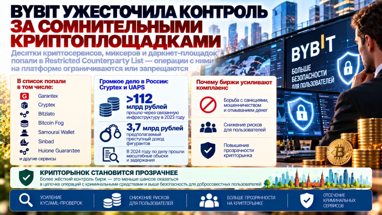 Крупная криптобиржа Bybit резко ужесточила контроль за операциями с сомнительными площа...