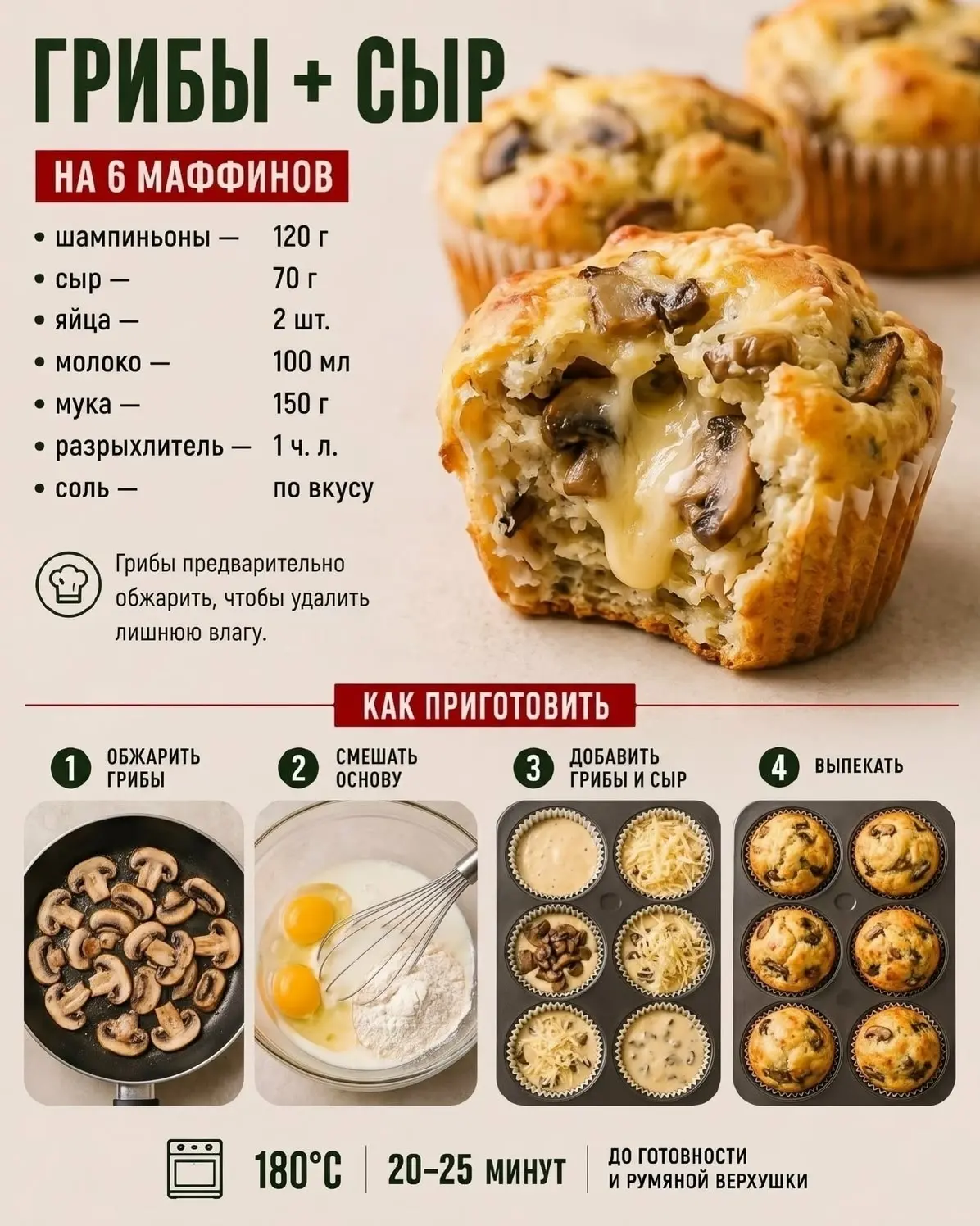 Сытные маффины из грибов и сыра
