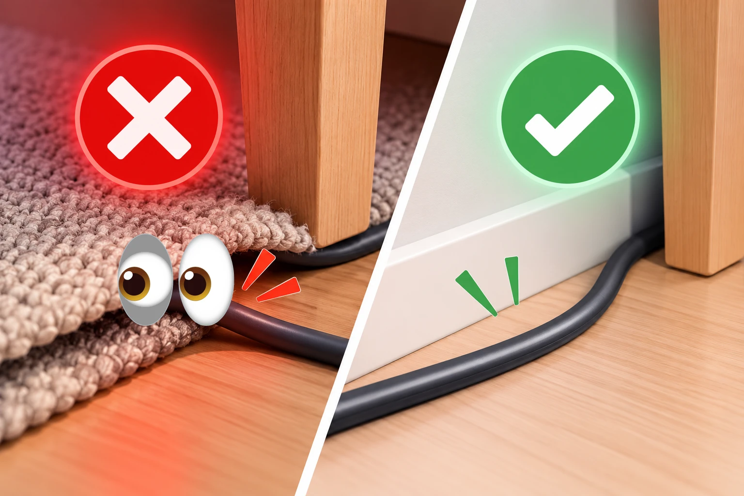 Почему провод не стоит прятать под ковром или зажимать мебелью?