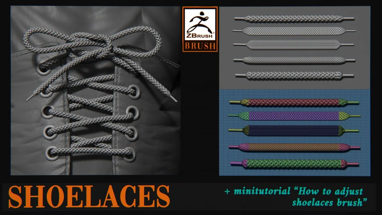Shoelaces brush - кисть для создания шнурков предназначена для работы в ZBrush 2020 и н...