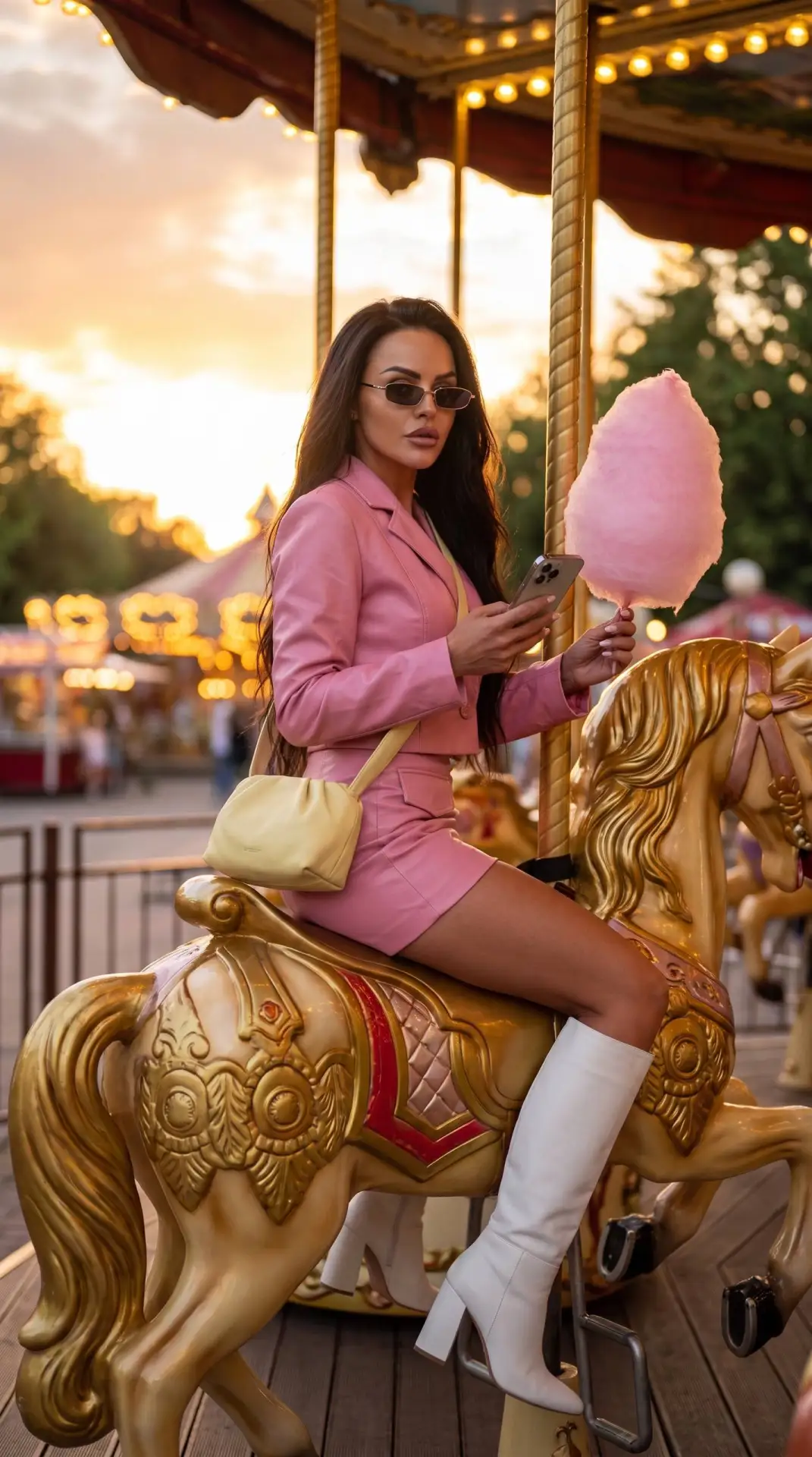 🎠 Карусель на закате

Розовый кожаный образ на золотой карусельной лошади, огни парка развлечений и
