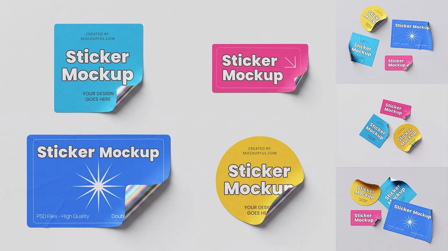 ► Мокапы стикеров разных форм | Glued Sticker PSD Mockups
