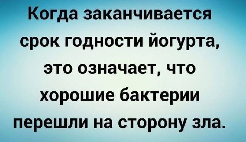 Когда заканчивается срок годности йогурта, это означает, что хорошие бактерии перешли на сторону зла