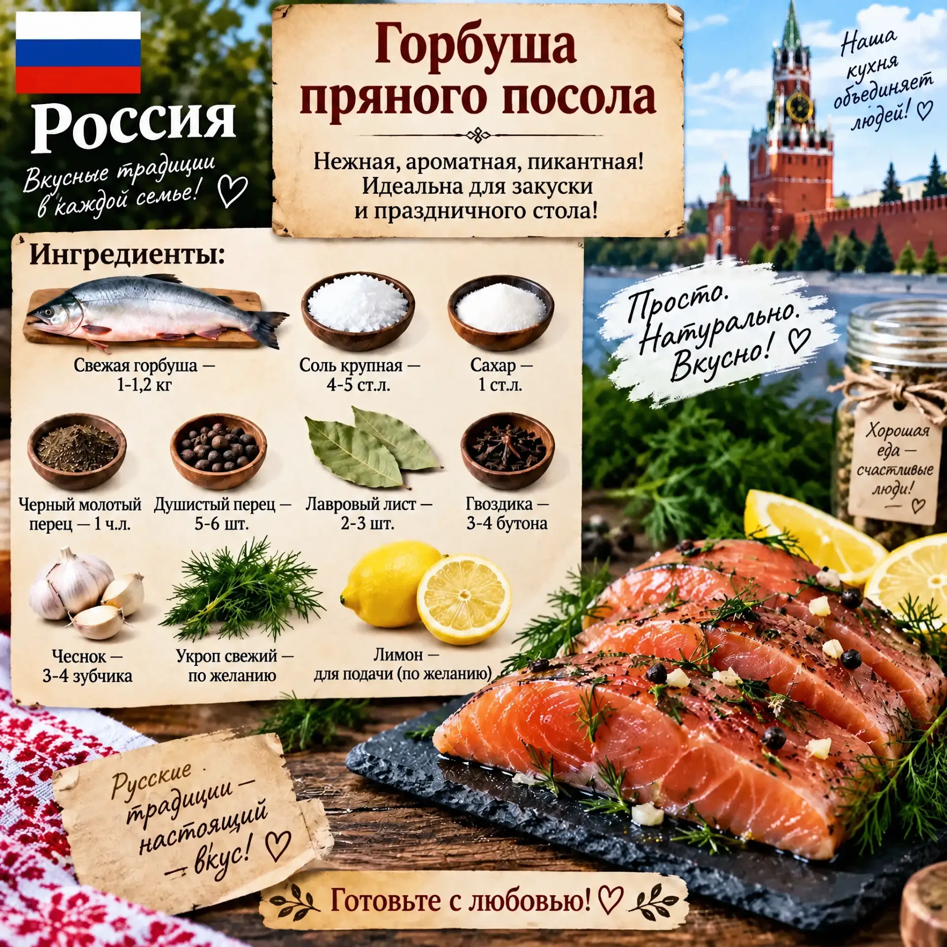 Россия Рецепт пряного посола горбуши — Вкусного и ароматного блюда, которое прекрасно п...