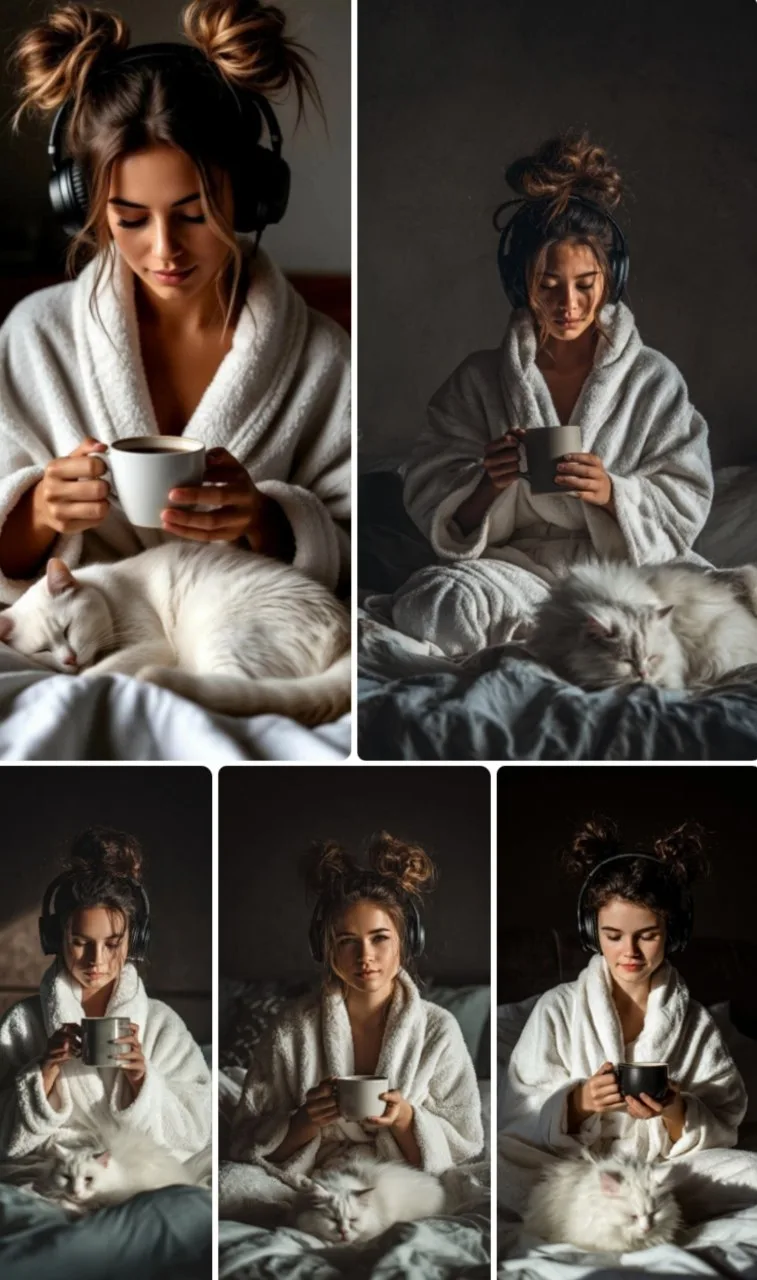 Промпт:

A cozy, intimate scene of a woman with hair styled in two messy buns, wearing black headpho