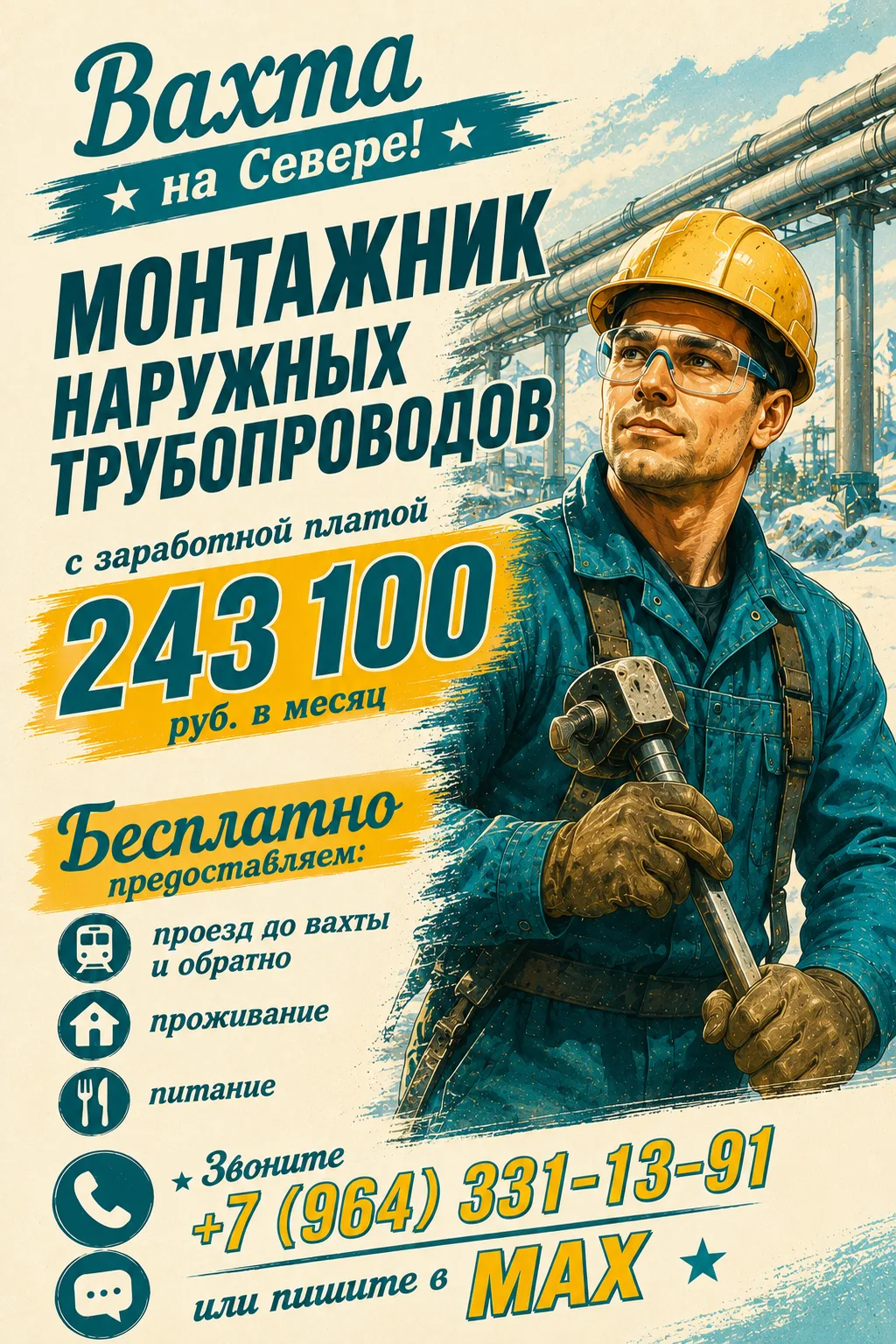 ❗Приглашаем на северную вахту  МОНТАЖНИКОВ НАРУЖНЫХ ТРУБОПРОВОДОВ — заработная плата 243 100₽ в меся