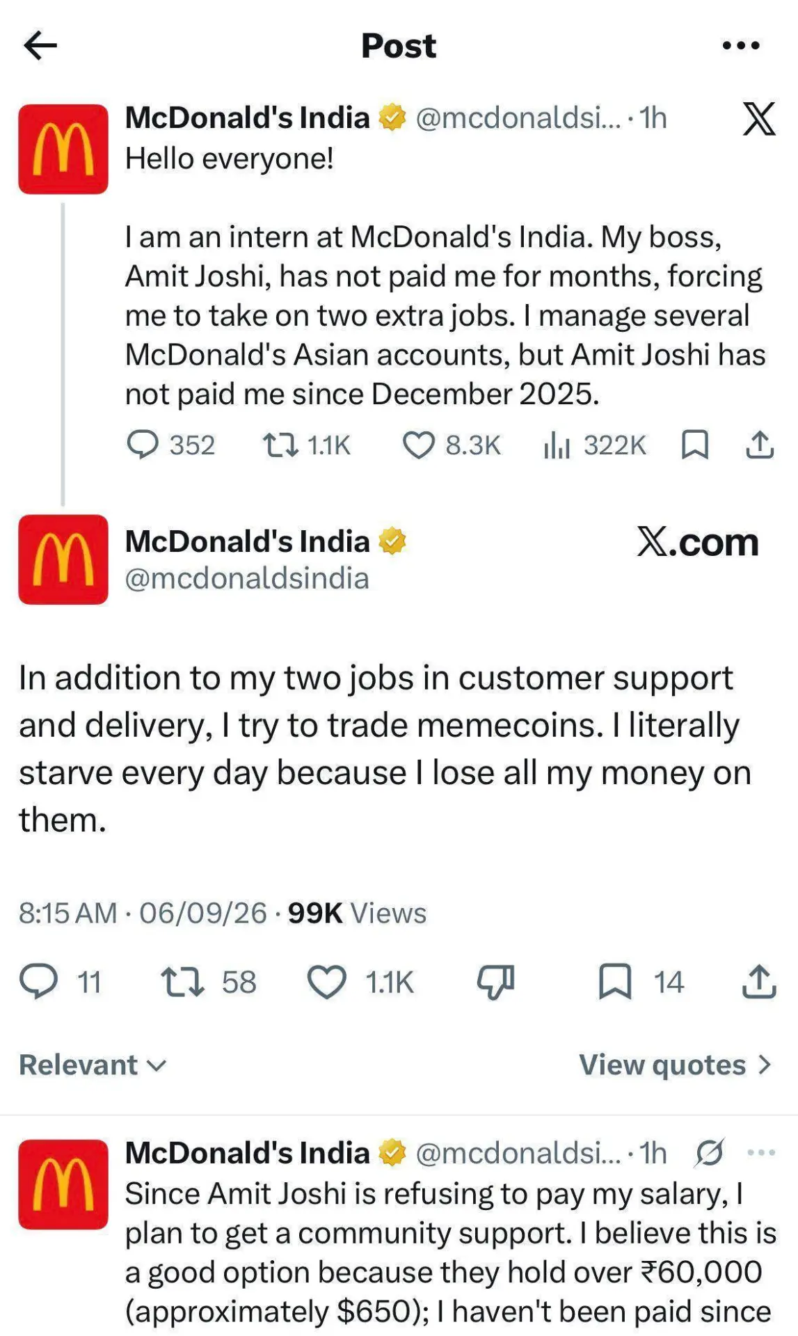 Аккаунт McDonald's India в социальной сети X, который был подтвержден, был взломан стаж...