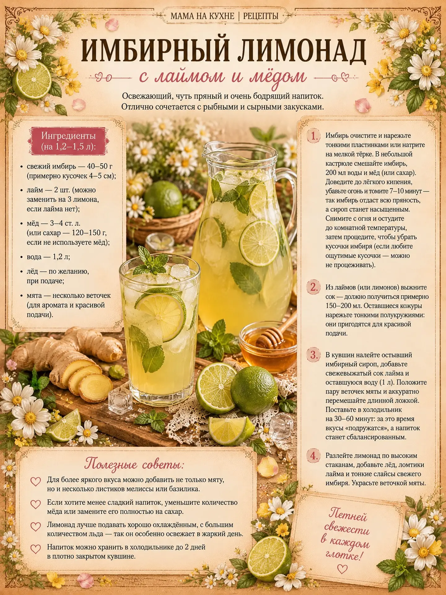 🌸 Имбирный лимонад с лаймом и мёдом 🌸