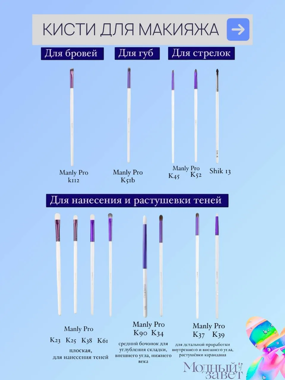 Кисти для макияжа 🧑‍🎨  Сделала для вас шпаргалку с кистями для макияжа.  Сразу предполагая вопрос, к