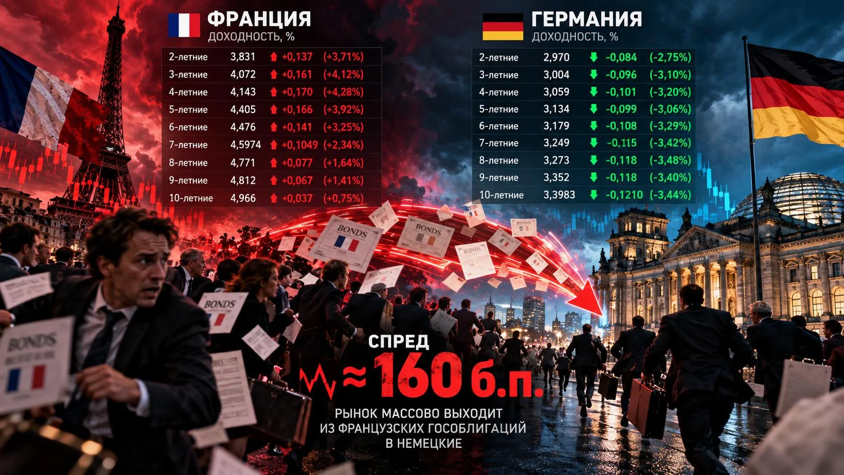 💬 Обозрение: инвесторы массово бегут из французских гособлигаций и переходят в немецки...