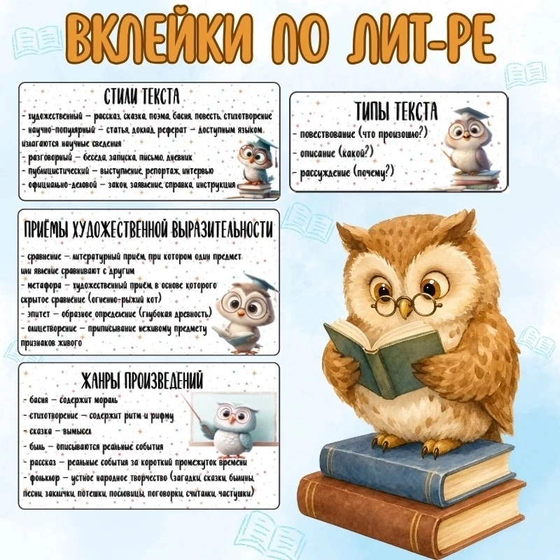 📚 Вклейки в тетрадь по литературному чтению: типы текста, жанры, приёмы и стили!
