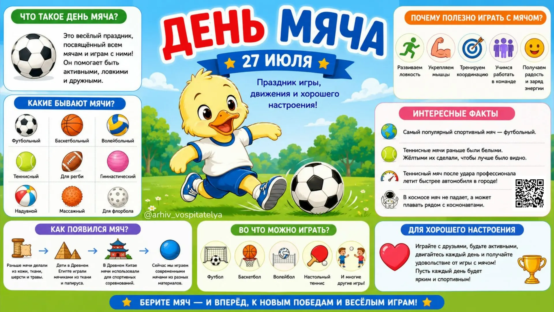 Детский календарь событий 2026 /
День мяча ⚽️🏀🏐🏉🎾
 
27 июля отмечается День мяча. 
 
Учёные счит