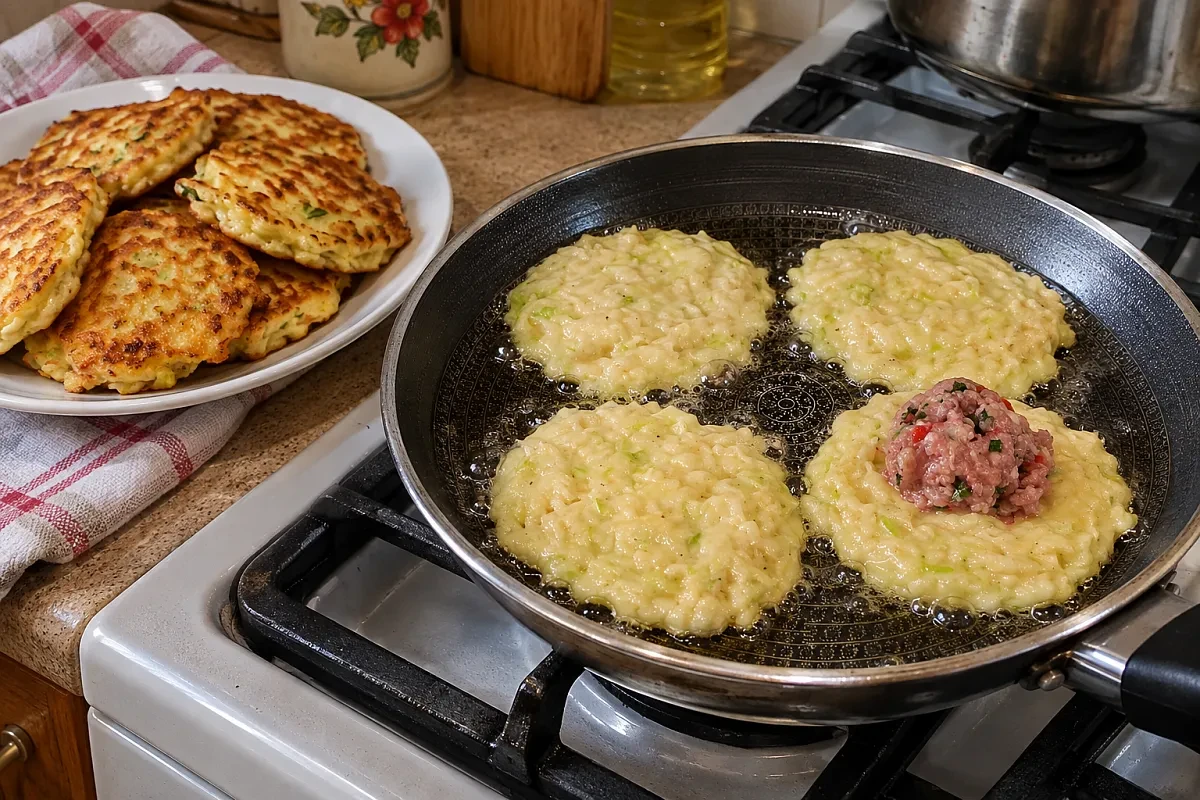 Сочные кабачково-картофельные оладьи с начинкой из фарша