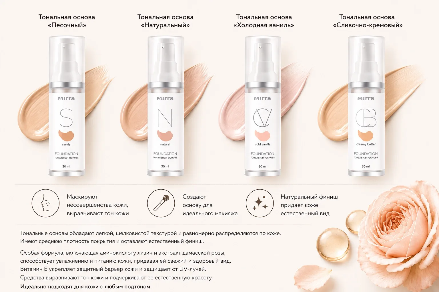 ✨ Тональные основы MIRRA — естественное покрытие и комфорт для вашей кожи ✨  📍Выберите свой оттенок: