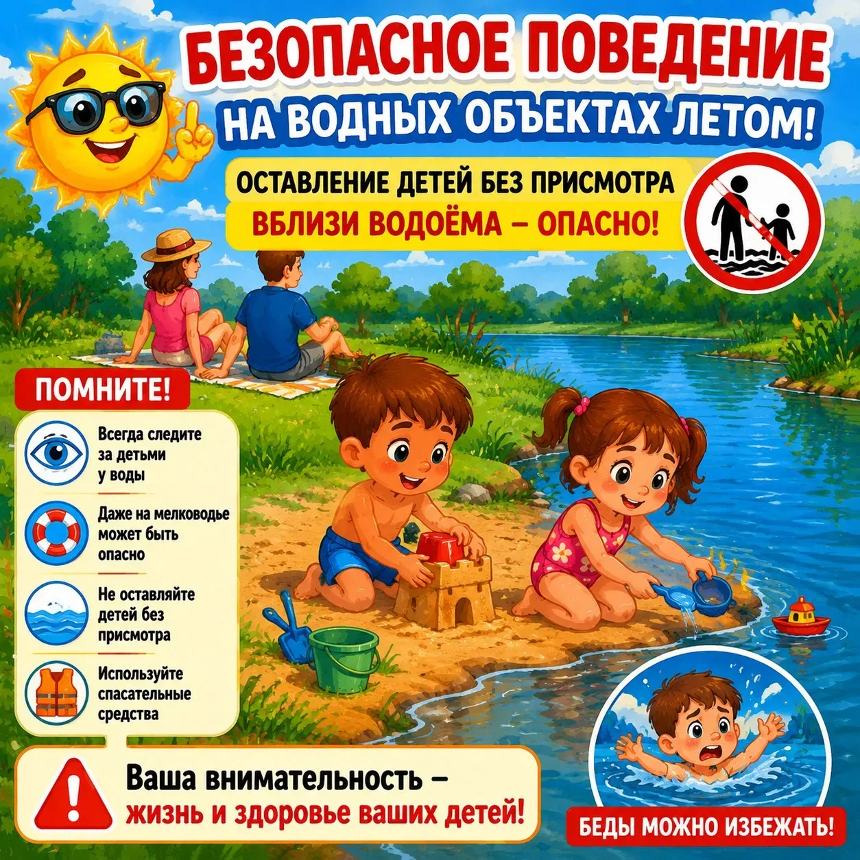 ☀️ Безопасность на воде: лето без происшествий
Уважаемые родители! Лето — пора отпусков, купаний и о