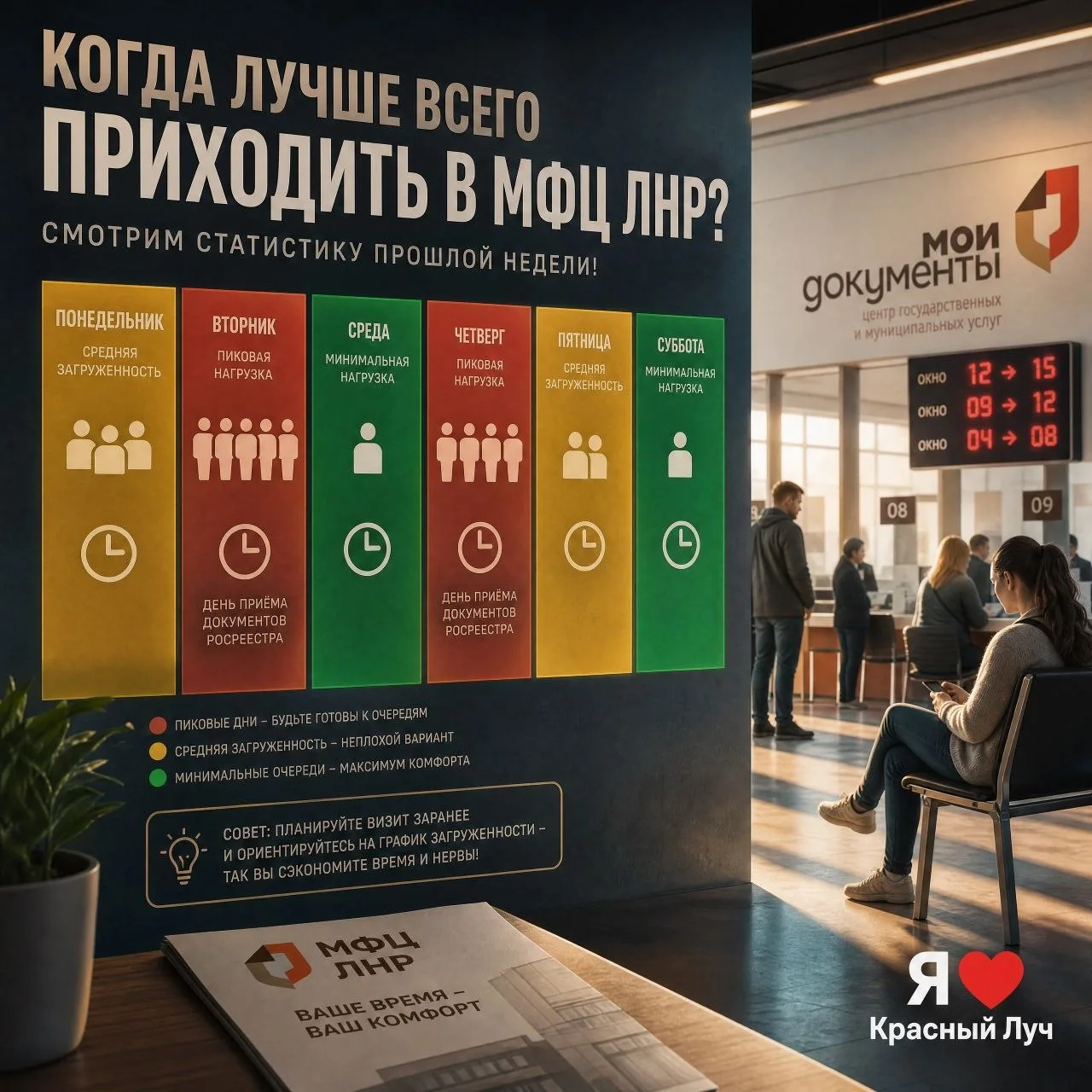 📊 Когда лучше всего приходить в МФЦ ЛНР? Смотрим статистику прошлой недели!
